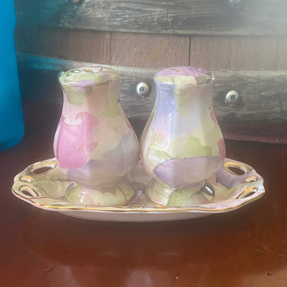 Hand-Painted Porcelain Salt & Pepper Shakers with Tray - Pastel Floral